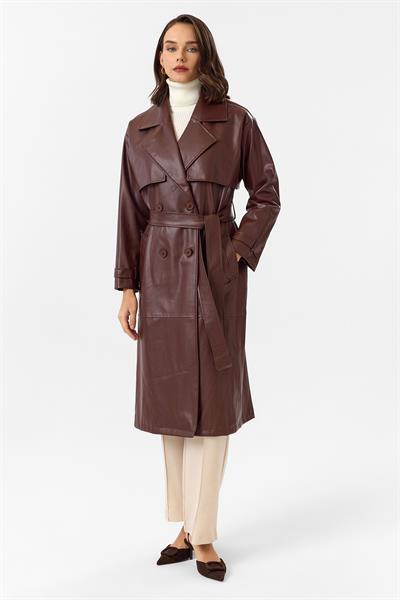 Allerli Kuşaklı Deri Trençkot 