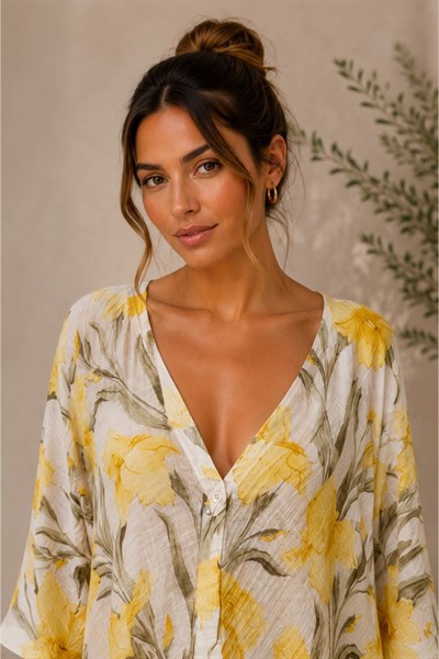 Desenli V Yaka Kısa Kimono