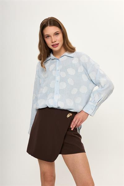 Mavi Keten Görünümlü Jakarlı Rahat Kesim Kadın Gömlek