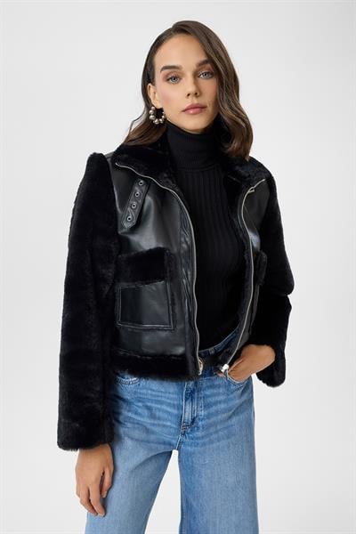 Çift Cepli Deri Peluş Mont