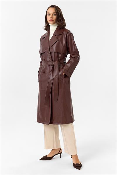 Allerli Kuşaklı Deri Trençkot 