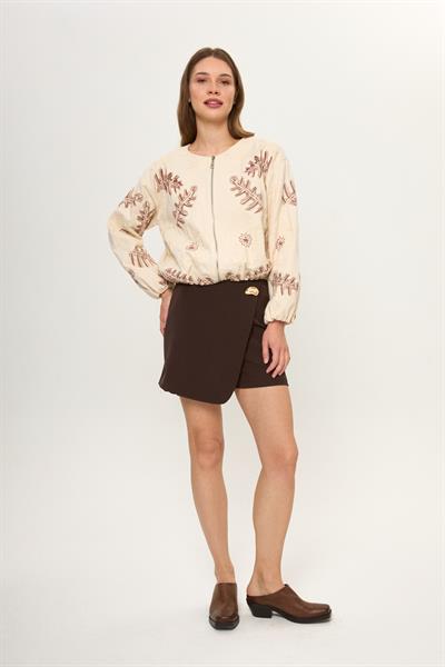 Bej %100 Pamuk Nakış İşlemeli Kadın Bomber Ceket