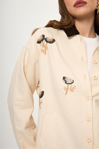 Kadife Yakalı Nakışlı Pamuklu Ceket