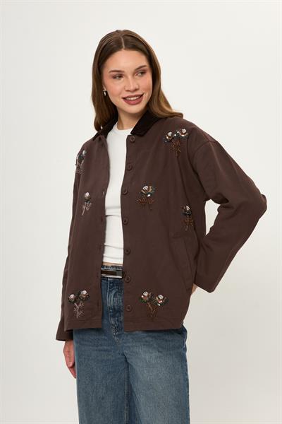 Kadife Yakalı Nakışlı Pamuklu Ceket