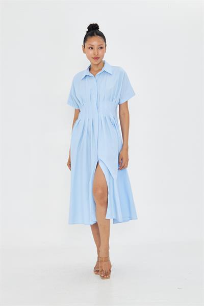 Pileli Gömlek Yaka Poplin Elbise