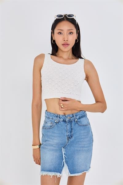 Ajurlu Crop Bluz - Bej