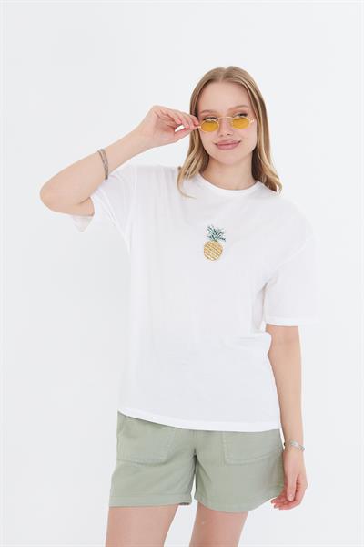 Ananas Baskılı Taşlı T-shirt - Ekru