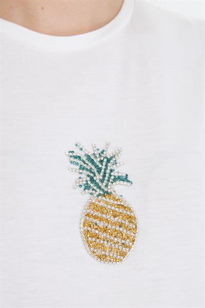 Ananas Baskılı Taşlı T-shirt - Ekru