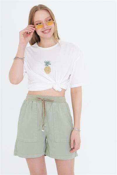 Ananas Baskılı Taşlı T-shirt - Ekru