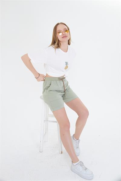 Ananas Baskılı Taşlı T-shirt - Ekru