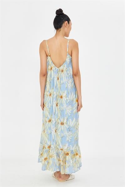 V Yaka Askılı Desenli Elbise