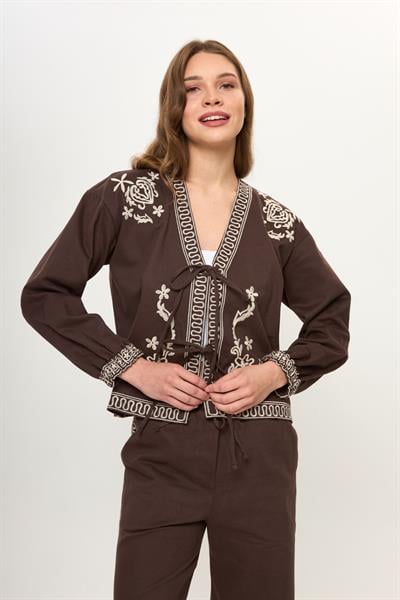 Kahve %100 Pamuk Önü Bağcıklı Nakış İşlemeli Kadın Ceket