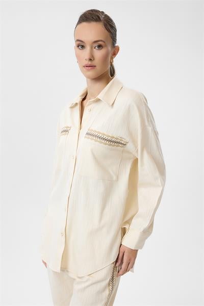 Nakışlı Keten Karışımlı Gömlek
