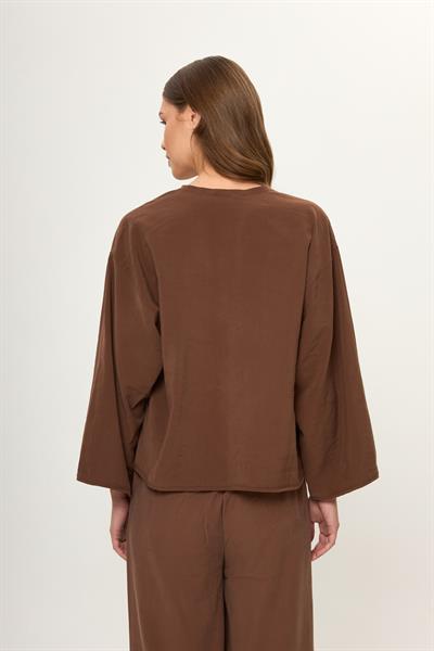 Kahve V Yaka Önü Fiyonklu Kadın Bluz