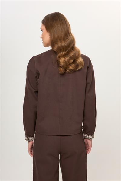 Kahve %100 Pamuk Önü Bağcıklı Nakış İşlemeli Kadın Ceket