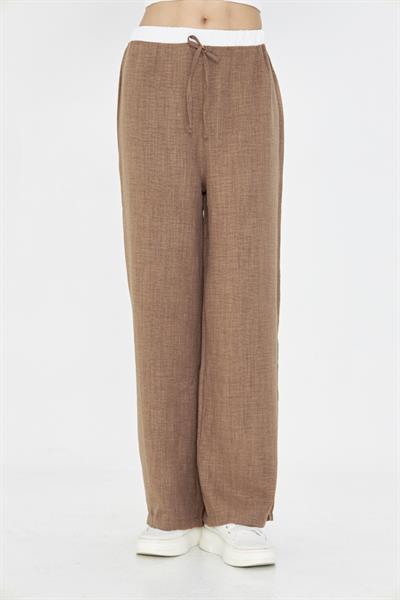 Beli Garnili Bağcıklı Bol Keten Görünümlü Pantolon