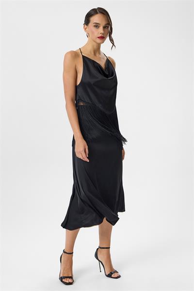 Püskül Detaylı Askılı Saten Bluz