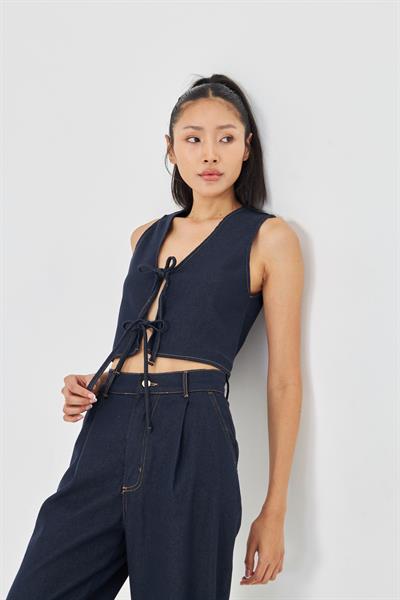 Bağcık Detaylı Denim Yelek 