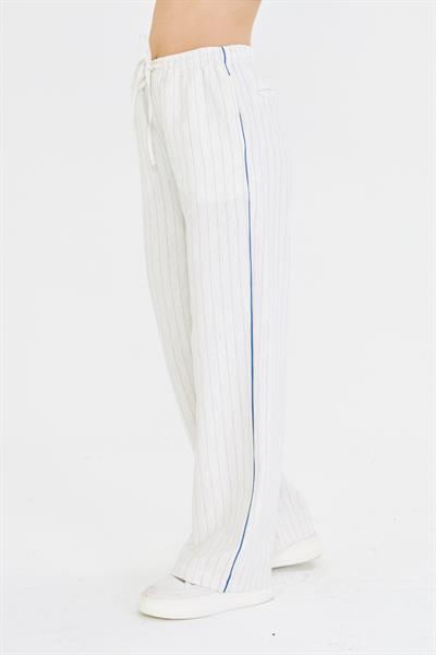 Bağcıklı Çizgili Keten Görünümlü Pantolon 