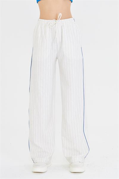 Bağcıklı Çizgili Keten Görünümlü Pantolon 