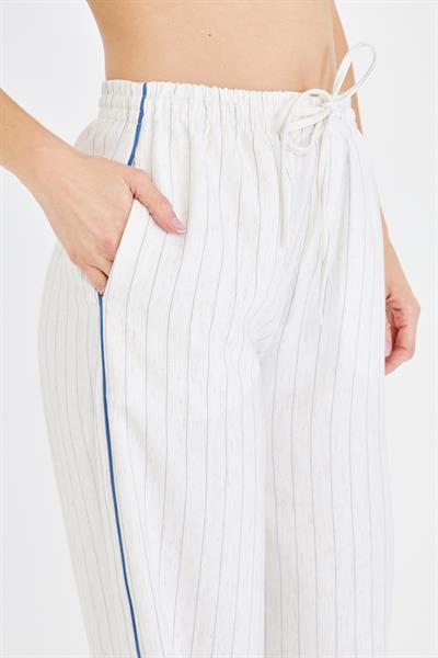 Bağcıklı Çizgili Keten Görünümlü Pantolon 