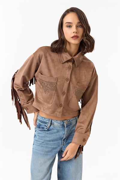 Püsküllü Nakışlı Süet Gömlek