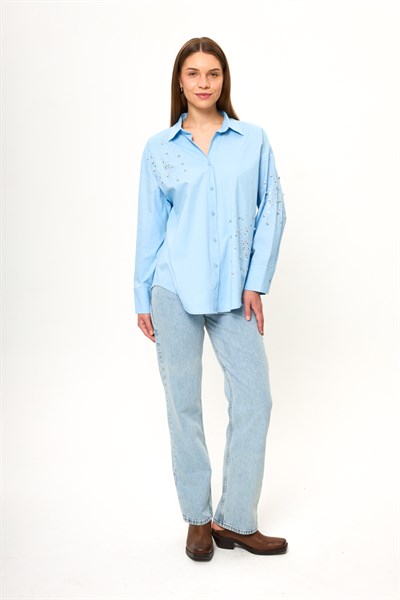 Önü ve Kolu Taşlı Poplin Gömlek