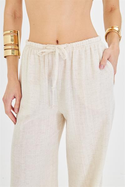 Beli Bağcıklı Keten Görünümlü Pantolon 