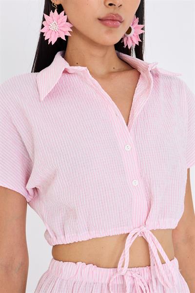 Beli İpli Crop Gofre Gömlek