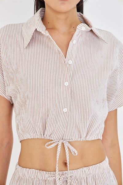Beli İpli Crop Gofre Gömlek