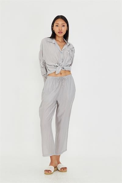Beli Lastikli Çizgili Rayon Pantolon