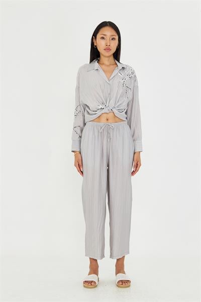Beli Lastikli Çizgili Rayon Pantolon