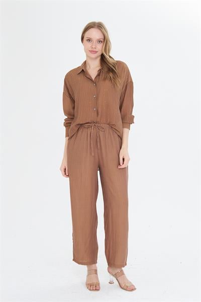 Beli Lastikli Çizgili Rayon Pantolon 