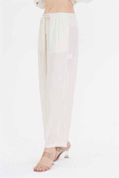 Beli Lastikli Çizgili Rayon Pantolon 