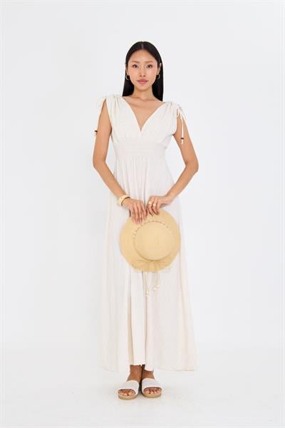 Beli Lastikli Keten Görünümlü Uzun Elbise