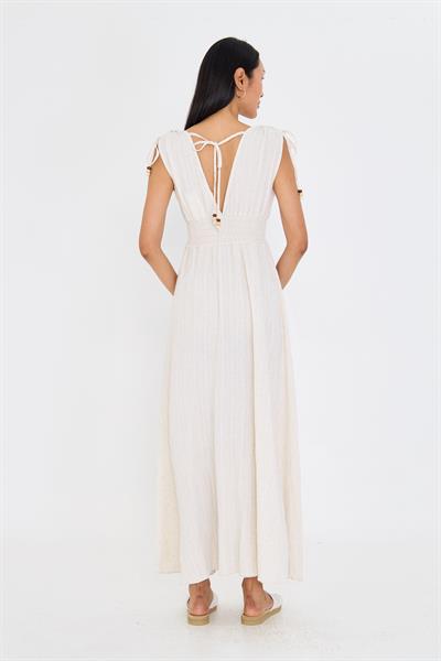 Beli Lastikli Keten Görünümlü Uzun Elbise