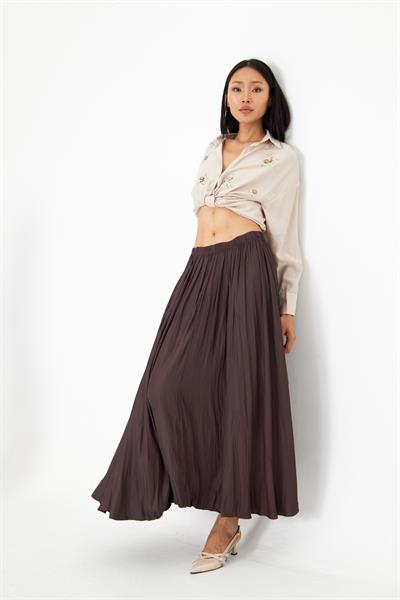 Beli Lastikli Kraşlı Uzun Saten Etek 