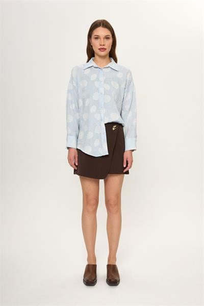 Mavi Keten Görünümlü Jakarlı Rahat Kesim Kadın Gömlek