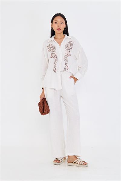 Bol Paça Keten Görünümlü Pantolon