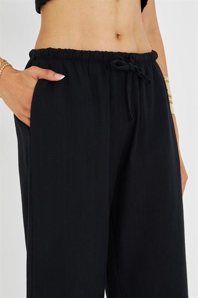 Bol Paça Keten Görünümlü Pantolon 