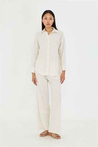 Boncuk Nakışlı Keten Görünümlü Gömlek 