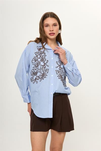 Nakışlı Çizgili Poplin Gömlek