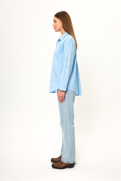 Önü ve Kolu Taşlı Poplin Gömlek