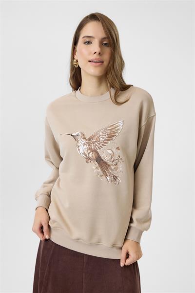 Kuş Baskılı Nakışlı Sweatshirt