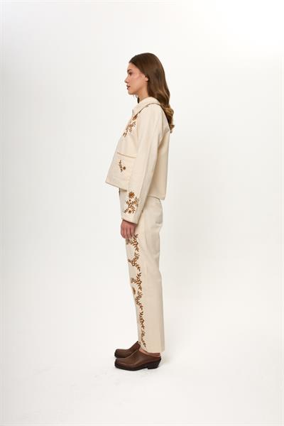 Bej %100 Pamuk Etnik Nakışlı Kadın Pantolon