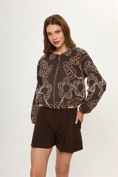 Kahve %100 Pamuk Nakış İşlemeli Kadın Bomber Ceket