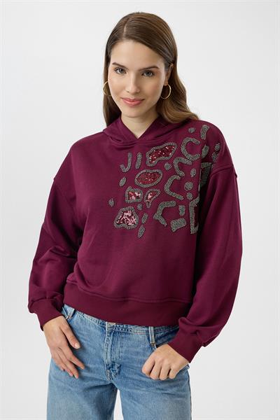 Kapüşonlu Boncuk Nakışlı Crop Sweatshirt