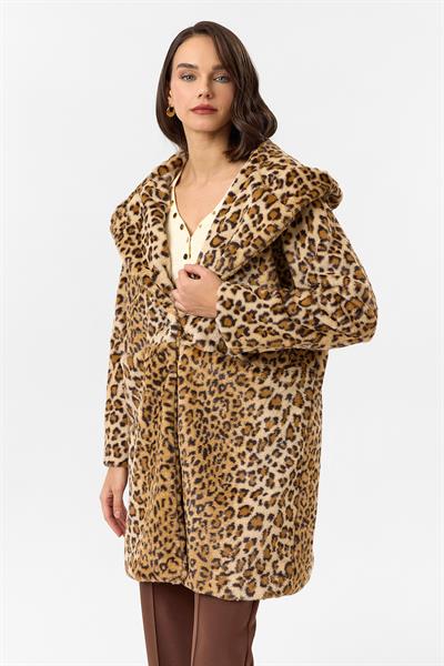 Kapüşonlu Cepli Leopar Peluş Kürk 