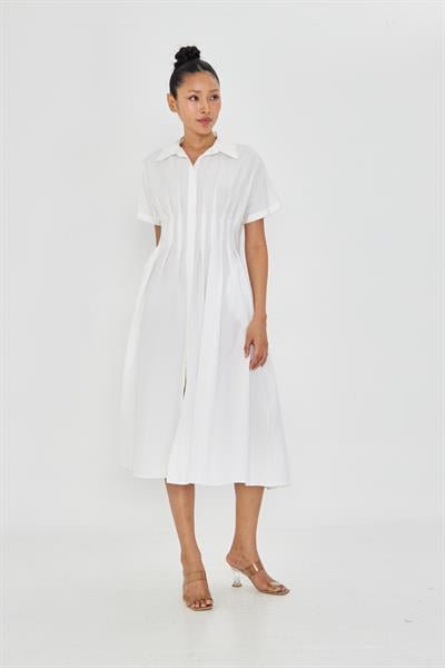 Pileli Gömlek Yaka Poplin Elbise