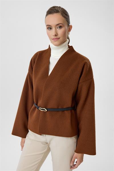 Deri Kemerli Kaşe Kimono